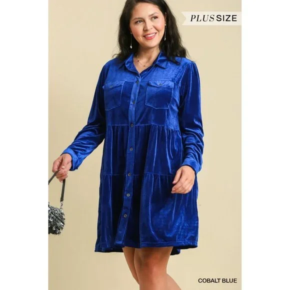 Umgee | Dresses | Umgee Plus Cobalt Blue Velvet Long Sleeve Collar Button  Down Tiered Pocket Dress | Poshmark
